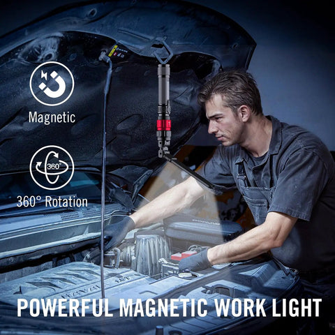 Mechanic using 3-In-1 LED Work Light With Magnetic Base, Flexible Gooseneck, And Slim Bar Light to illuminate car engine
