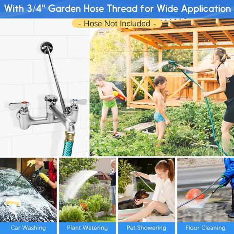 Commercial Mop Sink Faucet With Vacuum Breaker, Wall Mount 8 Inch Center Service Sink Faucet, in use outdoors and for car washing.