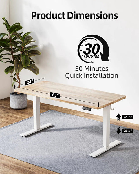 Electric Standing Desk With Splice Board, 63X24 Inch Height Adjustable Sit Stand Computer Table For Home Office, white frame and maple top dimensions.