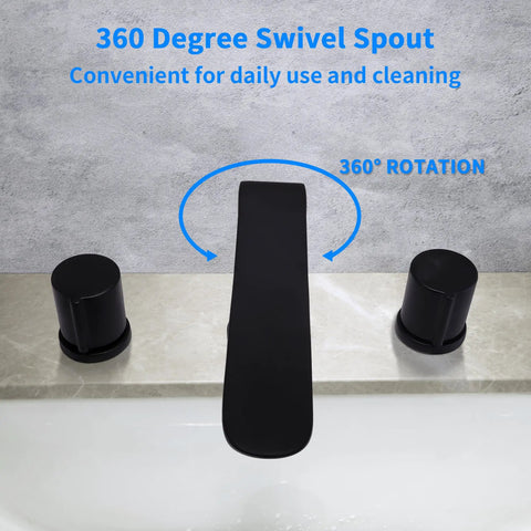 Three Piece Widespread Bathroom Faucet With 3 Holes Deck Mount Matte Black Finish, 360 Degree Swivel Spout, Dual Non Slip Handles