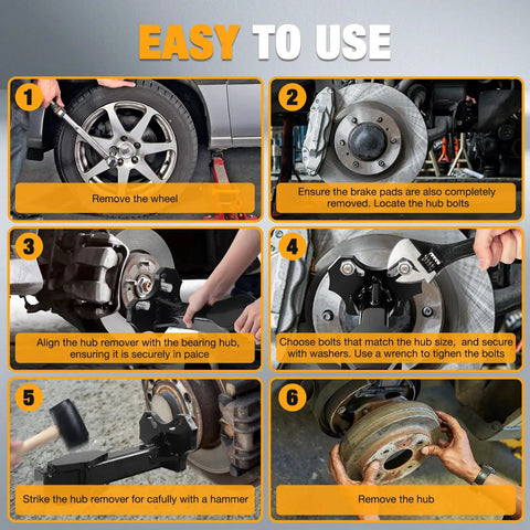 Heavy Duty Steel Wheel Bearing And Hub Removal Tool Yanks Out Stubborn Assemblies Cleanly Without Scuffing Axles being used in a vehicle wheel removal process.