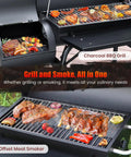 Dual Chamber Charcoal Grill With Offset Smoker, Spacious 510 Sq In Cooking Space, barrel style BBQ grill with food grilling