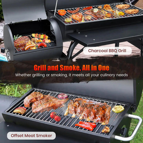 Dual Chamber Charcoal Grill With Offset Smoker, Spacious 510 Sq In Cooking Space, barrel style BBQ grill with food grilling