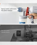 Pro Grade Ultra Lightweight Electric Paint Sprayer With Detachable Twenty Ounce Cup and Three Modes for cleaning features and instructions.