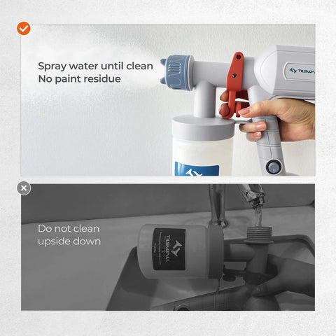 Pro Grade Ultra Lightweight Electric Paint Sprayer With Detachable Twenty Ounce Cup and Three Modes for cleaning features and instructions.