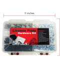 Must Have License Plate Hardware Kit 400 Piece Variety Pack With Stainless Steel Screws and Nylon Inserts shown in a clear box