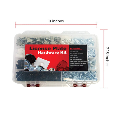 Must Have License Plate Hardware Kit 400 Piece Variety Pack With Stainless Steel Screws and Nylon Inserts shown in a clear box