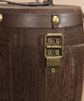 Close-up of Top Shelf Wood Coffee Canister With Secure Tight Seal, showcasing the wood texture and brass latch detail
