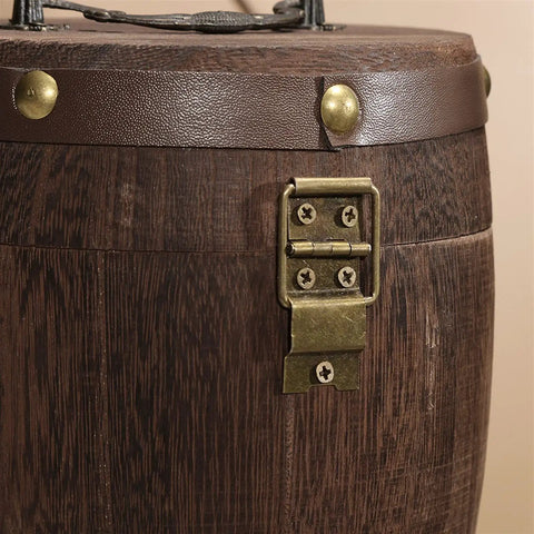 Close-up of Top Shelf Wood Coffee Canister With Secure Tight Seal, showcasing the wood texture and brass latch detail