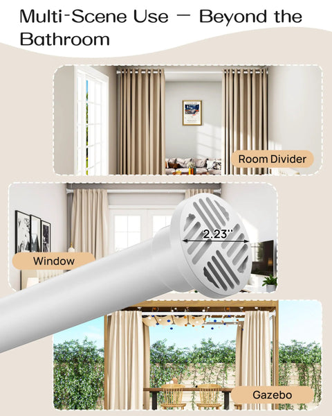 Multi-use view of extra long tension curtain rod no drill 82 to 123 inch heavy duty spring loaded lock in stability in room divider, window, and gazebo