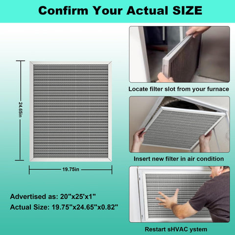 Diagram showing the 20X25X1 Reusable Washable Air Filter With Electrostatic MERV 8 For HVAC And Furnace Systems, actual size dimensions.