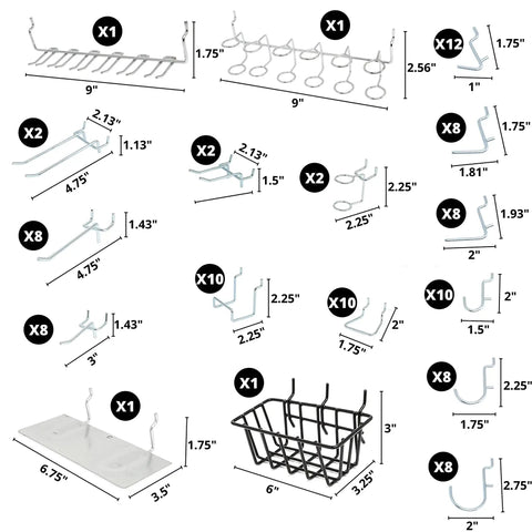 Diagram of 100 Piece Metal Pegboard Hooks And Accessories Set For One Eighth And One Quarter Inch Peg Boards with dimensions.
