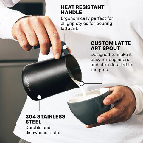 FlowTip Milk Jug For Barista Level Frothing At Home, Stovetop Foaming Pitcher With Precision Pour Spout And Heat Resistant Handle, 450ml Black, Perfect For Latte Art, Cappuccino Foam pouring milk into cup with annotations