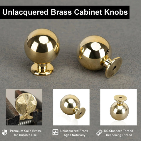 Unlacquered Brass Cabinet Knobs Five Pack Round Ball Knobs for Dresser Drawers, polished brass finish, lead-free, 1.1 inch diameter.