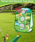 4 In 1 Kids Golf Set With Retractable Club, Putting Practice Mat, Three Sided Chipping Net, Sticky Boards, And Cornhole Style Golf Board for Indoor And Outdoor Play With Multiple Game Modes, shown with game board and putting mat on grass