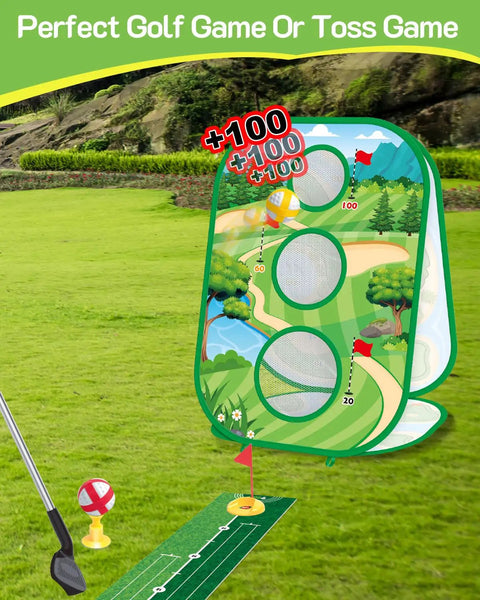 4 In 1 Kids Golf Set With Retractable Club, Putting Practice Mat, Three Sided Chipping Net, Sticky Boards, And Cornhole Style Golf Board for Indoor And Outdoor Play With Multiple Game Modes, shown with game board and putting mat on grass
