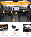 Interior view of car displaying OBD/BOD II distribution position for dashboard, with steps for connecting Straight USB C OBD Power Cable For Dash Cams, 11.5 Ft Hardwire Hookup With Toggle Switch, Vibration Triggered 24 Hour Parking Surveillance, Smooth Dash Cam Juice For EV Hybrid Gas Rigs.