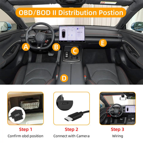 Interior view of car displaying OBD/BOD II distribution position for dashboard, with steps for connecting Straight USB C OBD Power Cable For Dash Cams, 11.5 Ft Hardwire Hookup With Toggle Switch, Vibration Triggered 24 Hour Parking Surveillance, Smooth Dash Cam Juice For EV Hybrid Gas Rigs.
