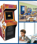 Collage of a vintage arcade machine and two classroom scenes with students at desks and colorful classroom furniture.