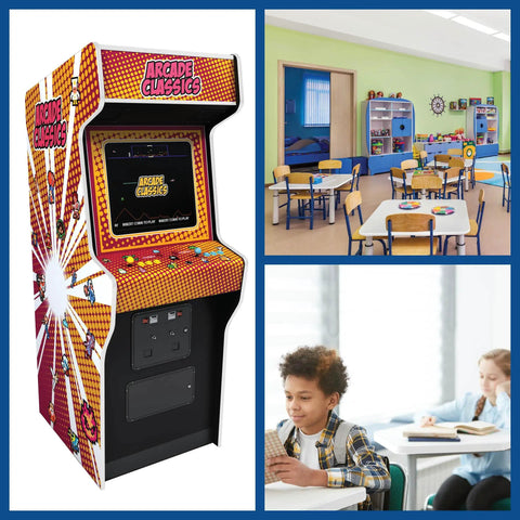Collage of a vintage arcade machine and two classroom scenes with students at desks and colorful classroom furniture.