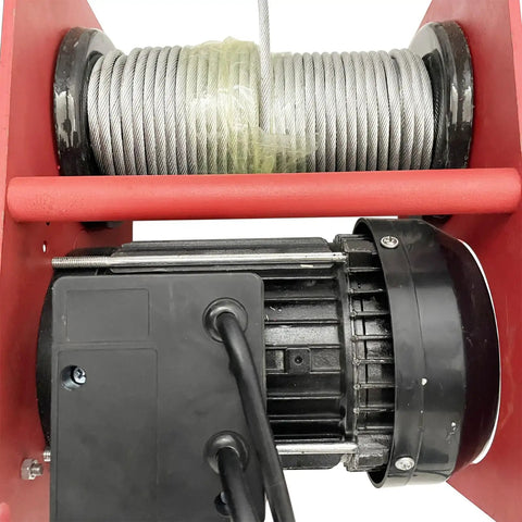 Heavy Duty 1500W Electric Hoist Lifts Up To 800kg With Double Rope Config and Massive 30 Meter Height showing steel cable and motor.