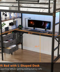 Solid Twin Loft Bed Setup With L Shaped Desk And Warm LED Lights, featuring integrated workspace with measurements.