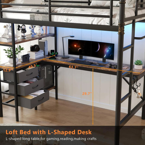 Solid Twin Loft Bed Setup With L Shaped Desk And Warm LED Lights, featuring integrated workspace with measurements.