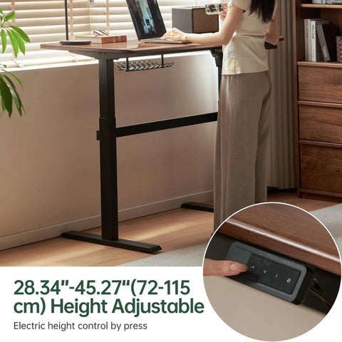 Real Deal Solid Rubber Wood Electric Sit Stand Desk With Rich Walnut Top And Clean Cable Clips Smooth Motor Lift Ergonomic Workstation, height adjustable, electric control.