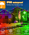 Outdoor Solar Powered Rope Lights 132 Ft Twin Pack 400 LED Lit Color Changing Fairy Lights Waterproof IP65 decorating a house exterior in winter.