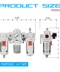 One Half Inch NPT Air Filter Regulator Lubricator All In One FRL Combo With Water Oil Trap Separator, front and side view dimensions