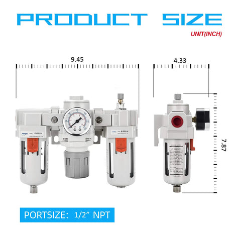 One Half Inch NPT Air Filter Regulator Lubricator All In One FRL Combo With Water Oil Trap Separator, front and side view dimensions