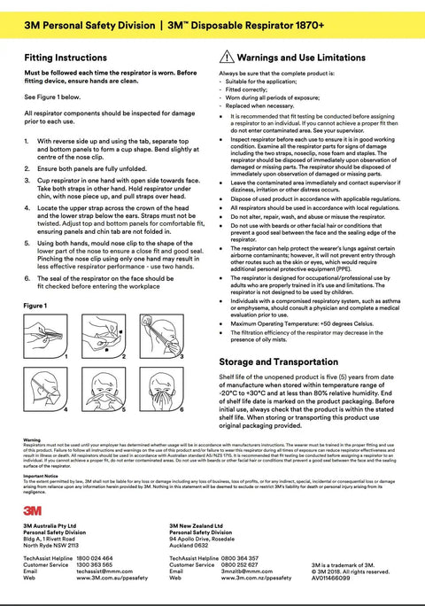 Instruction sheet for 3M Disposable Respirator 1870+ showing fitting, warnings, and storage guidelines with diagrams.