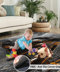 Train Junkie 4x5 Rug For Bedroom And Living Room, Steam Locomotive Design Area Rug with baby playing on it, industrial style