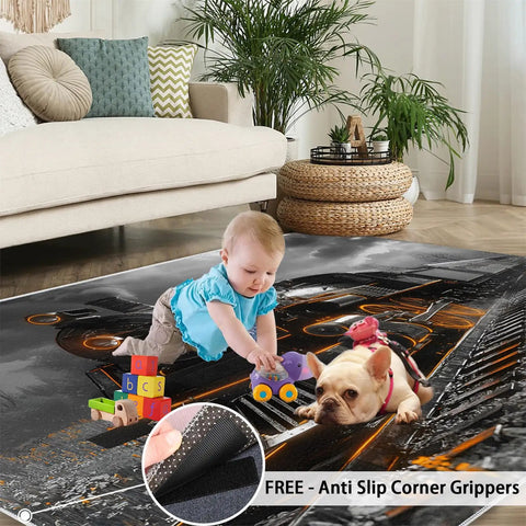 Train Junkie 4x5 Rug For Bedroom And Living Room, Steam Locomotive Design Area Rug with baby playing on it, industrial style