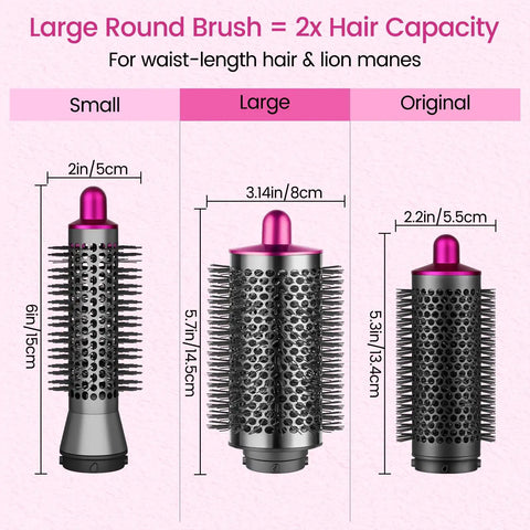 Comparison of small, large, and original round brush attachments for Dyson Airwrap with measurements and rose color accents.
