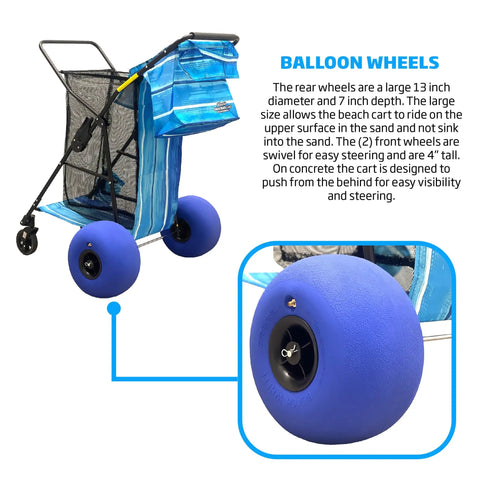 Heavy Duty Folding Beach Cart With Balloon Wheels 13 By 7 Inch Ocean Utility Holds Four Chairs Umbrella Holder Removable Beach Bag Blue