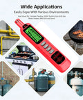 Portable Multi Gas Detector With Quick Response Sensor And Sound And Light Alarm Sniffs Out Methane Propane Natural Gas And Other Flammable Gases Includes Two Batteries Red Ideal For Home And Small Shop Safety shown with usage illustrations.