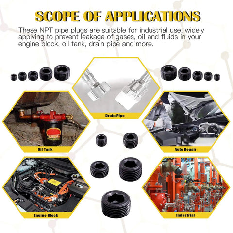 NPT Pipe Plug Set Pro Grade 25 Pieces, Carbon Steel Male Thread Plugs, various uses: oil tank, auto repair, industrial, drain pipe.