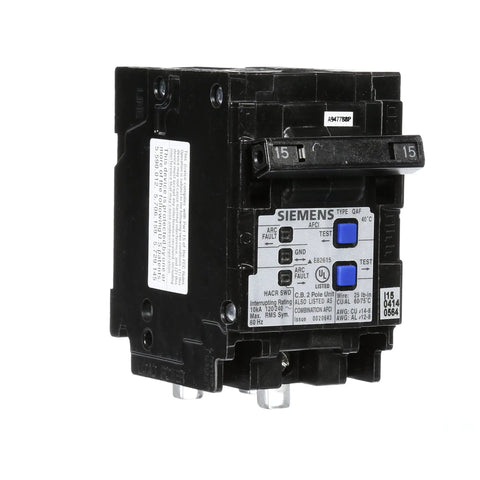 Two Pole 120 Volt Arc Fault Circuit Interrupter, Combination Type AFCI, Plug In, 15 Amp UL Listed shown from side angle