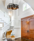 Six Light Modern Farmhouse Chandelier With Stacked Ring Design In Black Metal And Gold Interior For Dining Room Kitchen Or Entryway