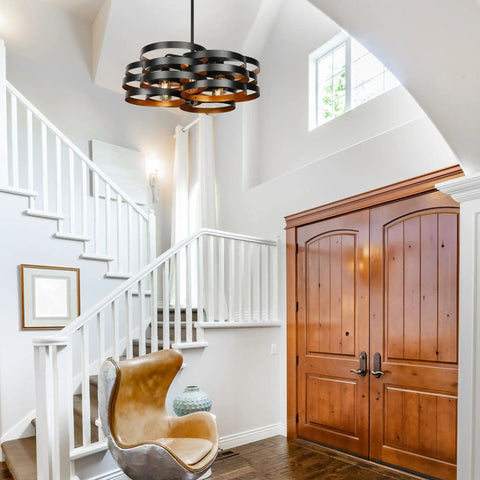 Six Light Modern Farmhouse Chandelier With Stacked Ring Design In Black Metal And Gold Interior For Dining Room Kitchen Or Entryway