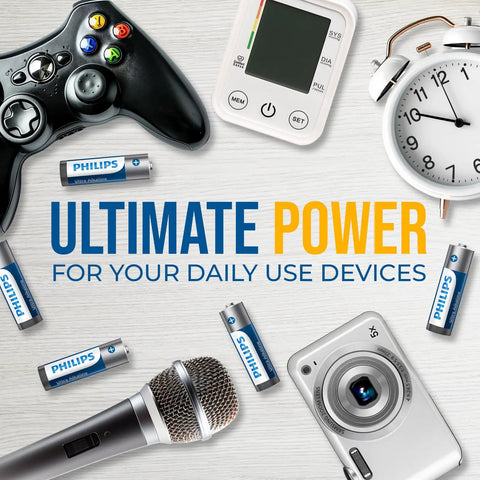 AA Batteries 12 Pack With 1.5V Ultra Alkaline Double A Power, everyday device use" text with gadgets and batteries