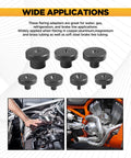 Front view of VARGTR 7-piece double flare adapters set, black steel, for automotive tubing flaring (3/16–5/8 in)