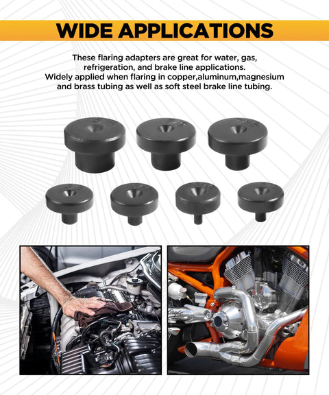Front view of VARGTR 7-piece double flare adapters set, black steel, for automotive tubing flaring (3/16–5/8 in)