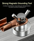 Heavy Duty Magnetic Welding Ground Clamp With Super Fast No Screw Tool Free Setup For Reliable Arc Safety And Solid Grounding Connection On Any Metal Spot For Pros Or Travelers Who Need Quick Fix showing copper insulated steel base and magnetic grip.