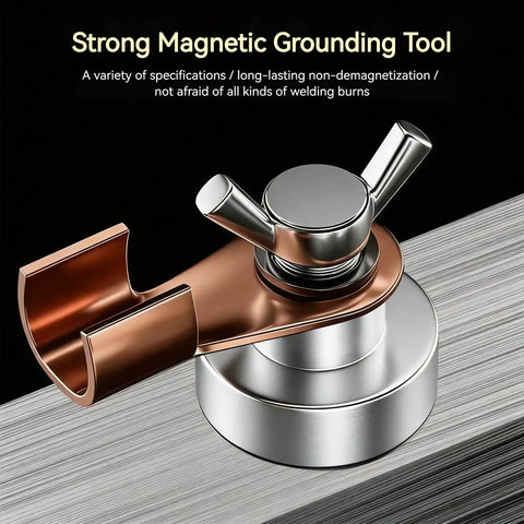 Heavy Duty Magnetic Welding Ground Clamp With Super Fast No Screw Tool Free Setup For Reliable Arc Safety And Solid Grounding Connection On Any Metal Spot For Pros Or Travelers Who Need Quick Fix showing copper insulated steel base and magnetic grip.
