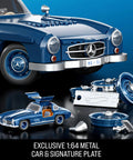 Hot Wheels Premium Building Set 1 To 12 Mercedes Benz 300 SL Dope Model Kit With 1600 Pieces showing 1:64 metal car and signature plate