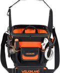 Front view of Open Top 24 Pocket Hard Base HVAC And Electrician Tool Bag With Rigid Bottom For Dry Tools 25 MOLLE Loops 6 Bit Slots