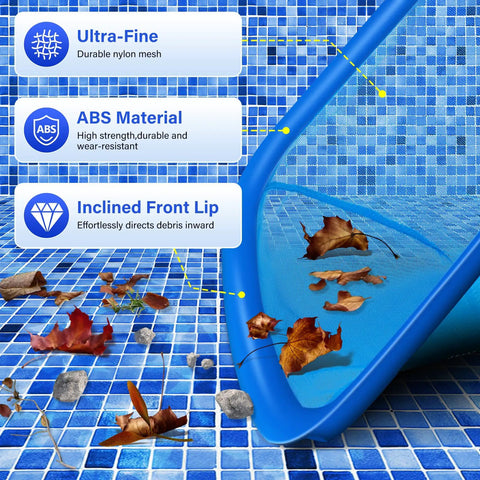 Close-up of All In One Pool Cleaning Kit with skimmer net collecting leaves, highlighting ultra-fine nylon mesh and ABS frame.