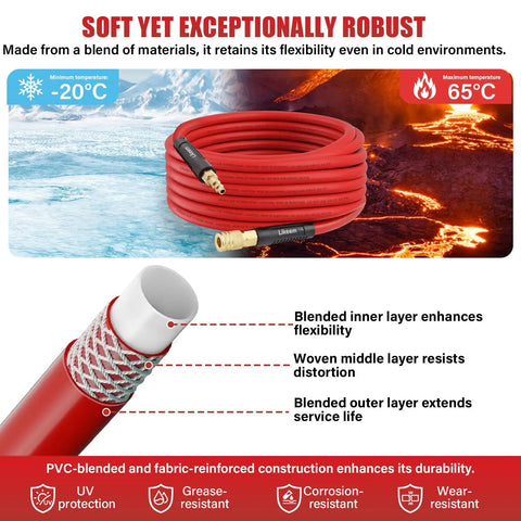 50 Ft Hybrid Air Hose For Compressors And Tools, 3/8 Inch Air Hose, 300 PSI Rating, all-weather flexibility, brass fittings.